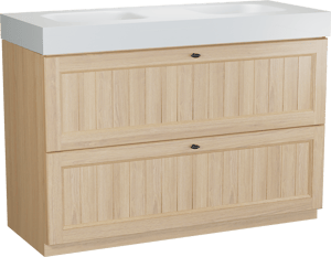 Balmani Lemon freistehendes Möbelstück Set: 135 x 55 cm, Naturbelassene Eiche Furnier, mit Arcato Doppelwaschtisch, Weiß matt