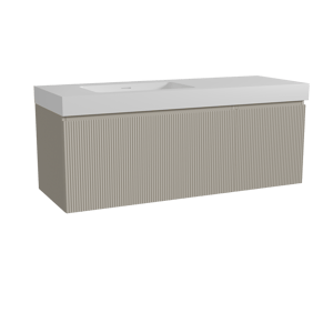 Storke Ribs meuble salle de bains suspendu 140 x 52 cm soie grise avec Mata High plan vasque asymétrique à gauche en solid surface blanc mat, Nervure droite symétrique verticale