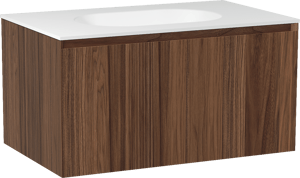 Balmani Idra meuble salle de bains suspendu 90 x 55 cm noyer avec Tablo Oval plan simple en solid surface blanc mat