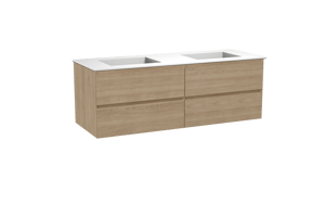 Balmani Mitra hängendes Möbelstück Set: 150 x 55 cm, Naturbelassene Eiche, mit Tablo Stretto Doppelwaschtisch, Solid Surface Weiß matt