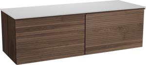 Balmani Forma hängendes Möbelstück Set: 150 x 55 cm, Amerikanischer Nussbaum, mit Stretto Einzel- oder Doppel Waschtischplatte, Solid Surface, Weiß matt, Horizontale symmetrische gerade Rippe