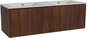 Storke Ribs zwevend badmeubel 150 x 52 cm notenhout met Diva dubbele wastafel in composietmarmer hoogglans wit, Verticale symmetrische rechte ribbel