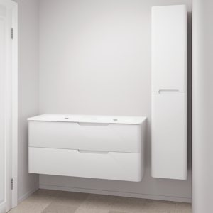 Linie Curvo meuble salle de bains suspendu 120 x 46 cm blanc brillant avec Baro Curvo double vasque en porcelaine blanc brillant et Curvo colonne salle de bains
