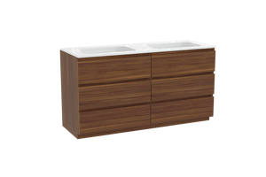 Balmani Lucida freistehendes Möbelstück Set: 150 x 55 cm, Amerikanischer Nussbaum, mit Tablo Strada Doppelwaschtisch, Marmorkomposit Weiß glänzend