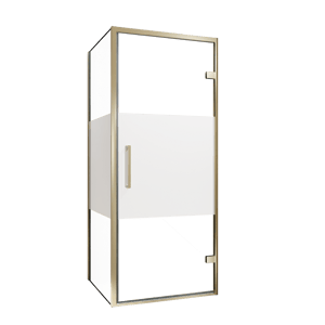 Balmani Senses Design douchecabine met rechtse draaideur en vaste zijwand, 90 x 100 cm, Helder glas met matte strook, Brushed Champagne Gold profielen