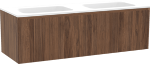 Balmani Fila zwevend badmeubel 150 x 55 cm notenhout met Tablo Strada dubbele wastafel in composietmarmer mat wit, Verticale symmetrische rechte ribbel