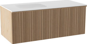 Balmani Forma meuble salle de bains suspendu 120 x 55 cm chêne naturel avec Tablo Arcato plan vasque asymétrique à gauche en solid surface blanc mat, Nervure circulaire asymétrique verticale