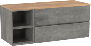 Storke Edge meuble salle de bains suspendu 130 x 52 cm béton gris foncé avec Panton tablette simple ou double en mélaminé chêne brut