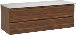 Balmani Lucida zwevend badkamermeubel 150 x 55 cm amerikaanse notelaar met Facetta dubbel tablet in solid surface mat wit