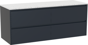 Storke Seda meuble salle de bains suspendu 150 x 52 cm bleu nuit avec Tavola tablette simple ou double en blanc/noir mat terrazzo