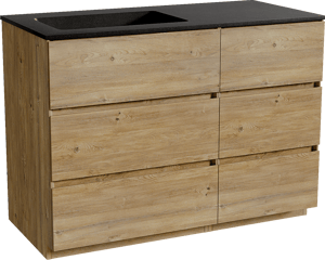 Storke Edge freistehendes Möbelstück Set: 110 x 52 cm, Rohe Eiche, mit Scuro Waschtisch links, Quarz Schwarz matt