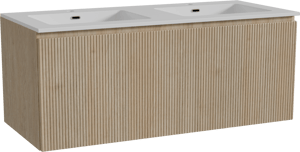 Storke Ribs meuble salle de bains suspendu 120 x 52 cm chêne brut avec Diva double vasque en marbre composite blanc brillant, Nervure droite symétrique verticale