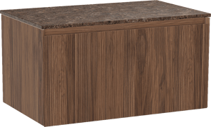 Balmani Fila hängendes Möbelstück Set: 90 x 55 cm, Nussbaum, mit Stretto Einzel Waschtischplatte, Marmor, Dark Emperador, Vertikale symmetrische gerade Rippe