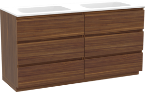 Balmani Lucida freistehendes Möbelstück Set: 150 x 55 cm, Amerikanischer Nussbaum, mit Tablo Strada Doppelwaschtisch, Marmorkomposit Weiß matt