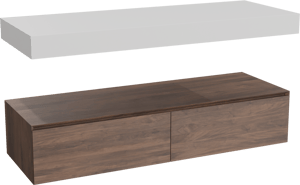 Balmani Mitra Elements hängendes Möbelstück Set: 150 x 55 cm, Amerikanischer Nussbaum mit Dominus Einzel- oder Doppel Waschtischplatte, Solid Surface Weiß matt