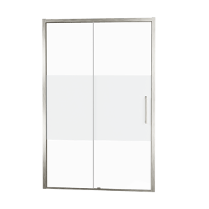 Balmani Senses Design Dusche Schiebetür, Links, 160 cm x 210 cm, Klarglas mit mattiertem Streifen, Profil Brushed CoolMetal