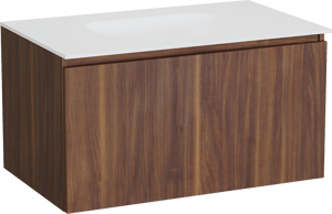 Balmani Sfera zwevend badmeubel 90 x 55 cm amerikaans notenhout met Tablo Arcato enkele wastafel in solid surface mat wit