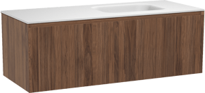 Balmani Fila meuble salle de bains suspendu 135 x 55 cm noyer avec Tablo Arcato vasque asymétrique droite en solid surface blanc mat, Nervure droite symétrique verticale