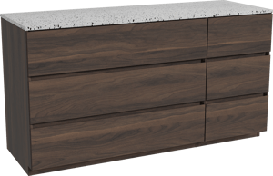 Storke Edge staand badmeubel 150 x 52 cm notenhout met Tavola enkel of dubbel wastafelblad in mat wit/zwart terrazzo