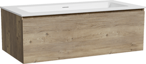 Storke Edge hängendes Möbelstück Set: 105 x 52 cm, Rohe Eiche, mit Mata Einzelwaschtisch für 2 Armaturenlöcher, Solid Surface Weiß matt