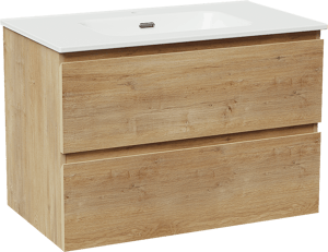 Linie Lado zwevend badmeubel 80 x 46 cm naturel eiken met Baro enkele wastafel in porselein hoogglans wit
