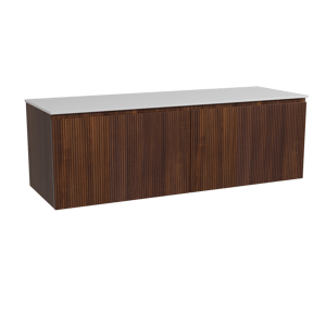 Storke Ribs hängendes Möbelstück Set: 150 x 52 cm, Nussbaum, mit Tavola Einzel- oder Doppel Waschtischplatte, Solid Surface, Weiß matt, Vertikale symmetrische gerade Rippe