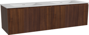 Storke Ribs zwevend badmeubel 170 x 52 cm notenhout met Mata dubbele wastafel in solid surface mat wit, Verticale symmetrische rechte ribbel