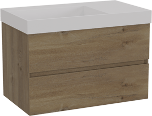 Storke Edge hängendes Möbelstück Set: 80 x 46 cm, Rohe Eiche, mit Jura Waschtisch links, Solid Surface Weiß matt