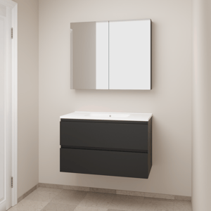 Linie Lado hängendes Möbelstück Set: 90 x 46 cm, Schwarz matt, mit Vano Einzelwaschtisch, Marmorkomposit Weiß matt und Montro Spiegelschrank