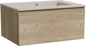 Storke Edge zwevend badkamermeubel 75 x 52 cm ruwe eik met Diva enkele wastafel in top solid zijdegrijs