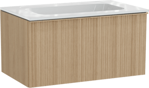 Balmani Forma meuble salle de bains suspendu 90 x 55 cm chêne naturel avec Tablo Strada plan simple en marbre composite blanc brillant, Nervure circulaire asymétrique verticale