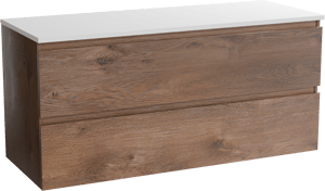 Linie Lado hängendes Möbelstück Set: 120 x 46 cm, Braune Eiche, mit Lado Doppel Waschtischplatte, Marmorkomposit Weiß matt