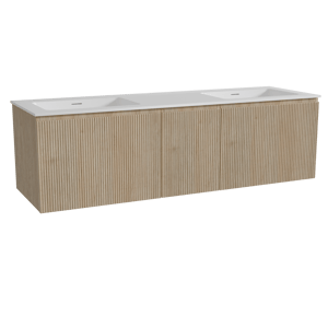 Storke Ribs hängendes Möbelstück Set: 165 x 52 cm, Rohe Eiche, mit Mata Doppelwaschtisch, Solid Surface, Weiß matt, Vertikale symmetrische gerade Rippe