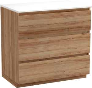 Balmani Lucida freistehendes Möbelstück Set: 90 x 55 cm, Teak, mit Stretto Einzel Waschtischplatte, Solid Surface Weiß matt