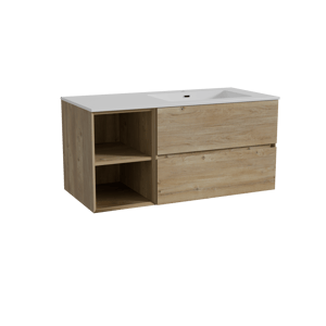 Storke Edge meuble salle de bains suspendu 110 x 52 cm chêne brut avec Diva plan vasque asymétrique à droite en marbre composite blanc brillant