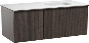 Balmani Forma hängendes Möbelstück Set: 120 x 55 cm, Geräucherte Eiche, mit Tablo Arcato Waschtisch rechts, Solid Surface, Weiß matt, Vertikale symmetrische gerade Rippe