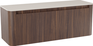 Storke Soft zwevend badkamermeubel 140 x 46 cm notelaar met Tavola Soft enkele of dubbele tablet in solid surface beige granita, Verticale symmetrische rechte ribbel