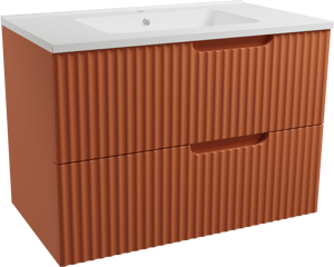 Linie Ribbo zwevend badmeubel 80 x 46 cm cotto met Vano enkele wastafel in composietmarmer hoogglans wit, Verticale symmetrische ronde ribbel