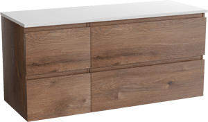 Linie Lado hängendes Möbelstück Set: 120 x 46 cm, Braune Eiche, mit Lado Doppel Waschtischplatte, Marmorkomposit Weiß matt