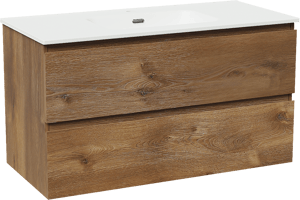 Linie Lado hängendes Möbelstück Set: 100 x 46 cm, Braune Eiche, mit Baro Einzelwaschtisch, Porzellan Weiß matt