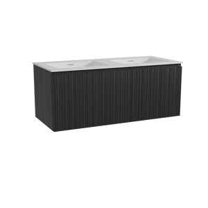 Storke Ribs hängendes Möbelstück Set: 120 x 52 cm, Schwarze Eiche, mit Mata Doppelwaschtisch, Solid Surface, Weiß matt, Vertikale asymmetrische gerade Rippe