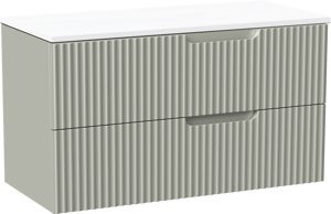 Linie Ribbo meuble salle de bains suspendu 100 x 46 cm greige avec Lado tablette simple ou double en marbre composite blanc mat, Nervure circulaire symétrique verticale