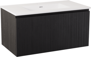 Storke Ribs hängendes Möbelstück Set: 95 x 52 cm, Schwarze Eiche, mit Kera Einzelwaschtisch, Keramik Weiß matt, inklusive Ablaufventil