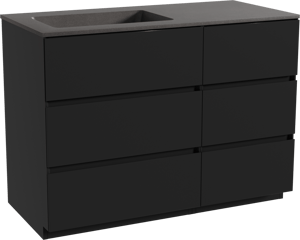 Storke Edge staand badkamermeubel 110 x 52 cm mat zwart met Scuro asymmetrisch linkse wastafel in kwarts mat zwart