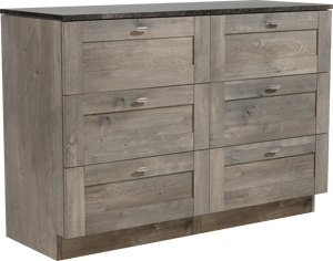 Linie Classo freistehendes Möbelstück Set: 120 x 46 cm, Graue Eiche, mit Lado Einzel- oder Doppel Waschtischplatte, Melamin Schiefergrau