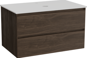 Balmani Mitra hängendes Möbelstück Set: 90 x 55 cm, Amerikanischer Nussbaum, mit Facetta Einzel Waschtischplatte, Solid Surface Weiß matt
