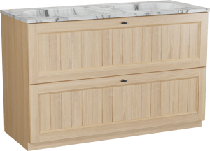 Balmani Lemon freistehendes Möbelstück Set: 135 x 55 cm, Naturbelassene Eiche Furnier, mit Tablo Arcato Doppelwaschtisch, Carrara