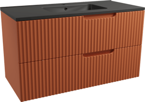 Linie Ribbo zwevend badkamermeubel 100 x 46 cm cotto met Vano enkele wastafel in composietmarmer mat zwart, Verticale symmetrische ronde ribbel