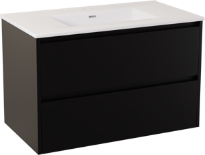 Storke Seda hängendes Möbelstück Set: 95 x 52 cm, Schwarz matt, mit Kera Doppelwaschtisch, Keramik Weiß glänzend, inklusive Ablaufventil