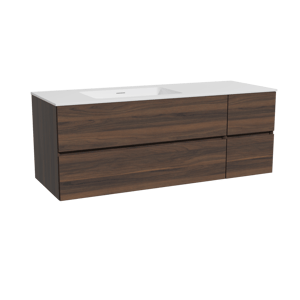 Storke Edge meuble salle de bains suspendu 140 x 52 cm noyer avec Mata plan vasque asymétrique à gauche en solid surface blanc mat